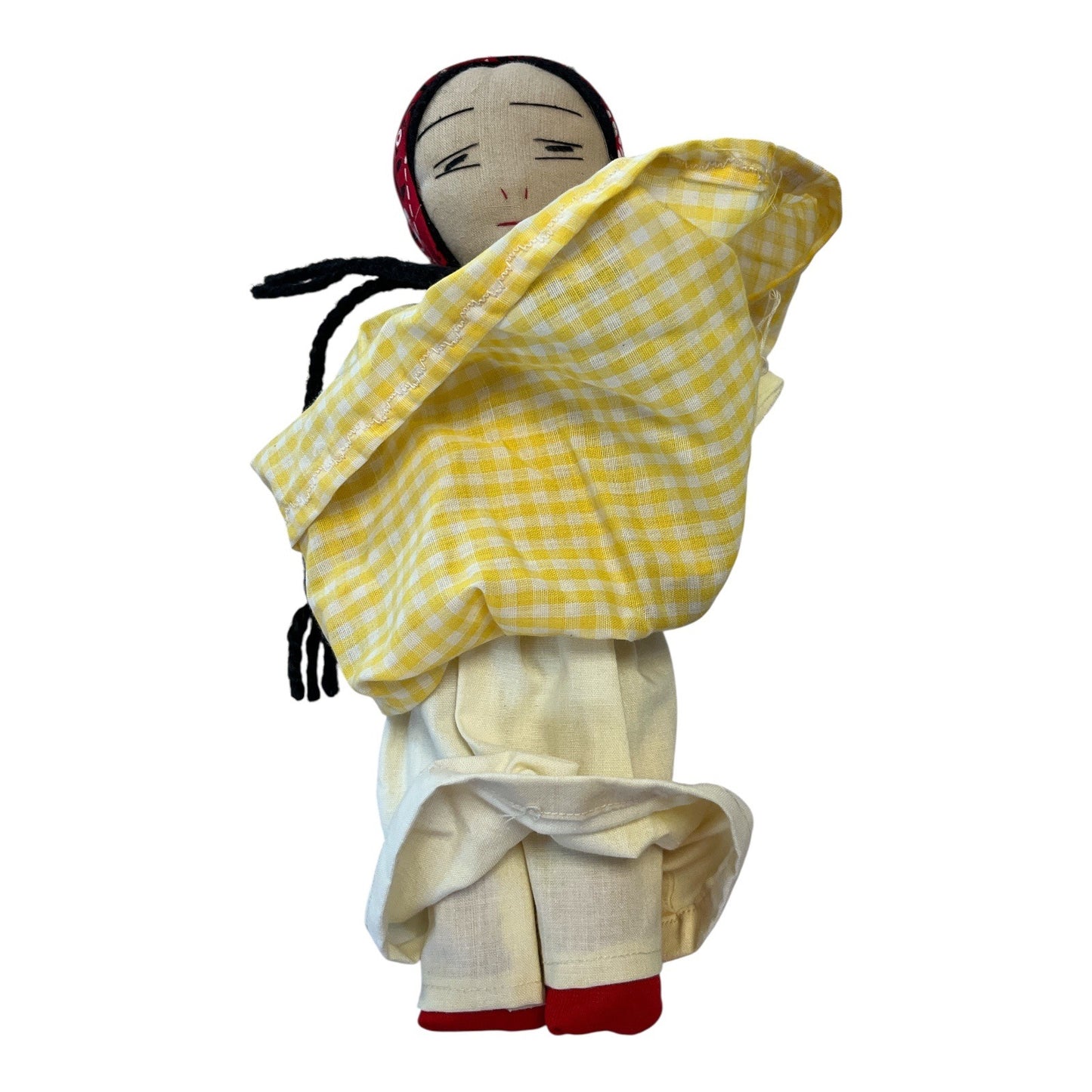 Vintage 1970s–80s Folk Art Cloth Doll with Baby – 13" Handmade Fabric Doll in Yellow Gingham Dress