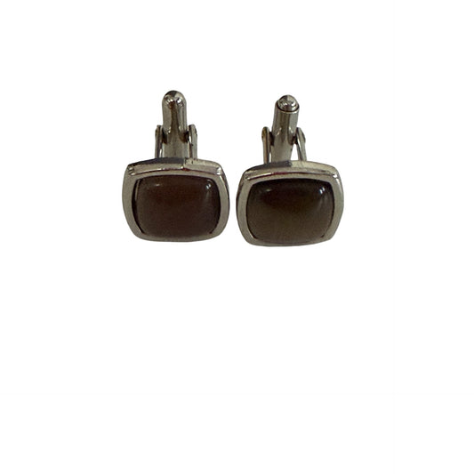 Vintage Silver Tone Brown Cat's Eye Glass Cufflinks Square Mid Century Men's