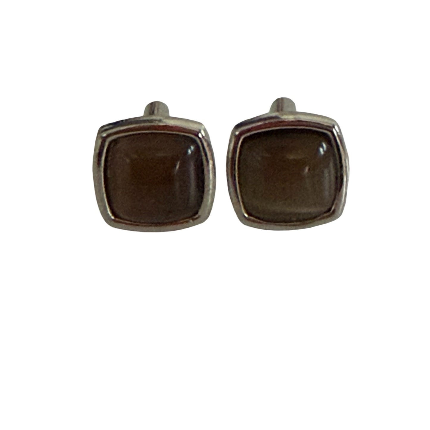 Vintage Silver Tone Brown Cat's Eye Glass Cufflinks Square Mid Century Men's
