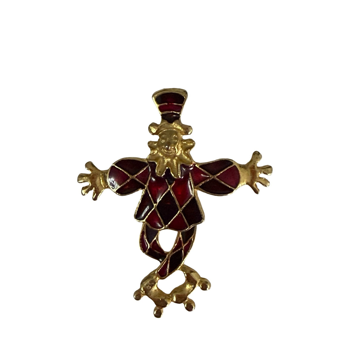 Vintage Articulated Harlequin Clown Brooch Red Enamel Gold Tone Moving Legs 2"