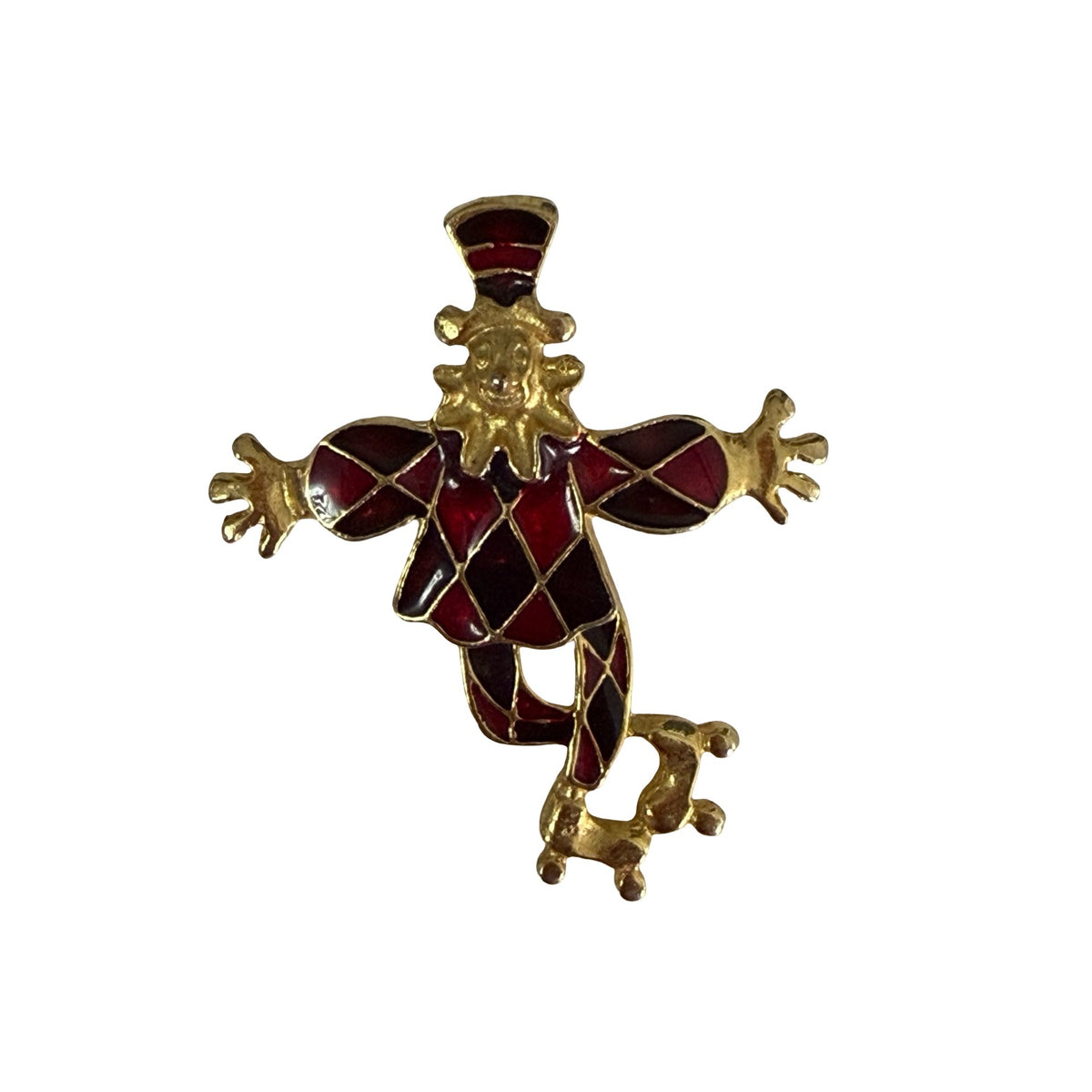 Vintage Articulated Harlequin Clown Brooch Red Enamel Gold Tone Moving Legs 2"