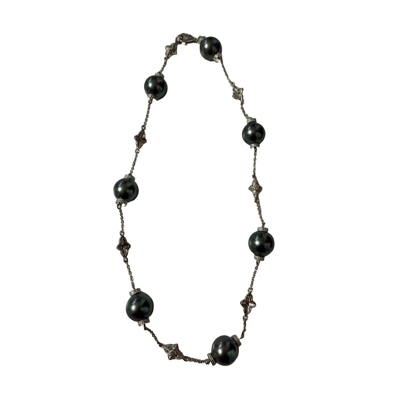 Black Glass Simulated Pearl Silver Tone Station Necklace 14 Inch Beaded Fashion Jewelry