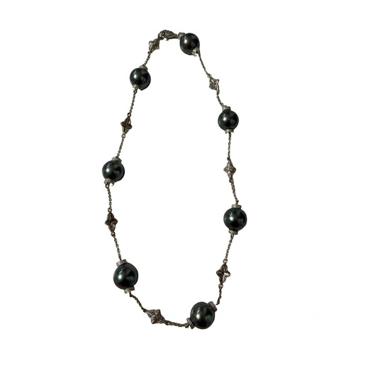 Black Glass Simulated Pearl Silver Tone Station Necklace 14 Inch Beaded Fashion Jewelry
