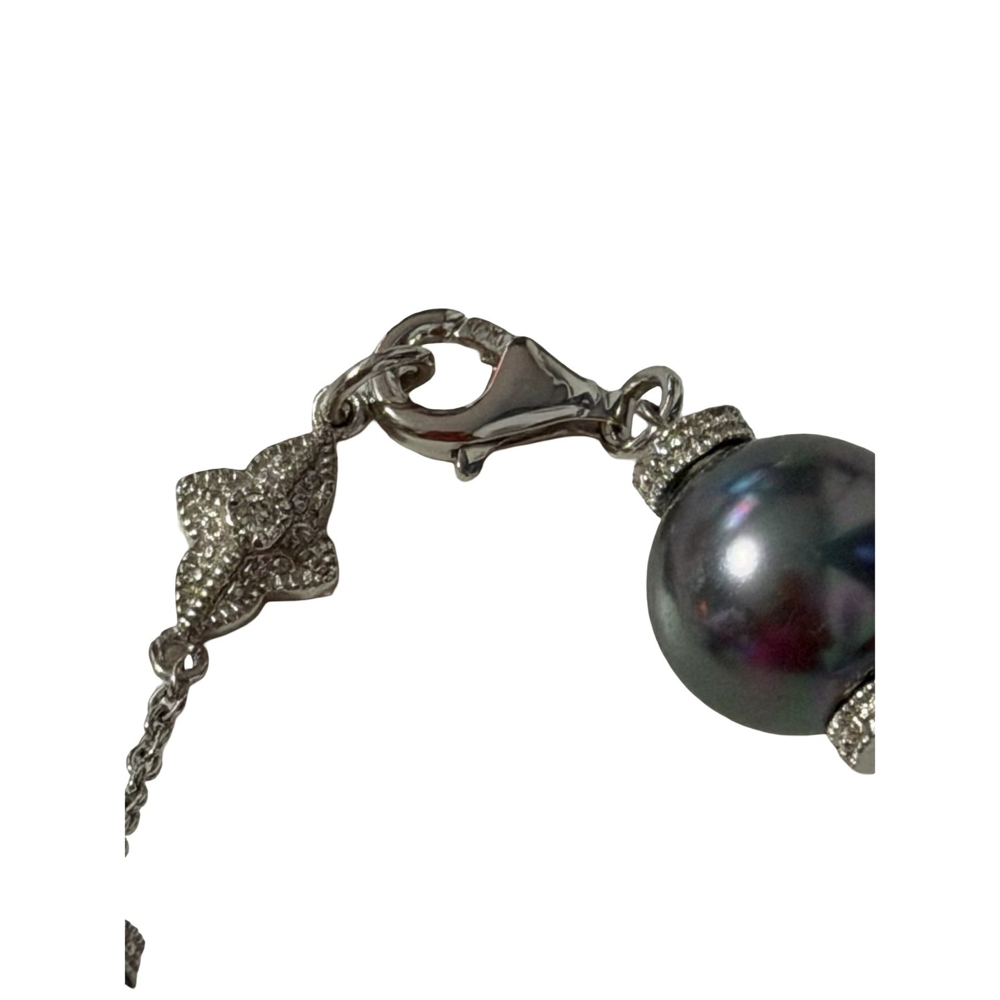 Black Glass Simulated Pearl Silver Tone Station Necklace 14 Inch Beaded Fashion Jewelry