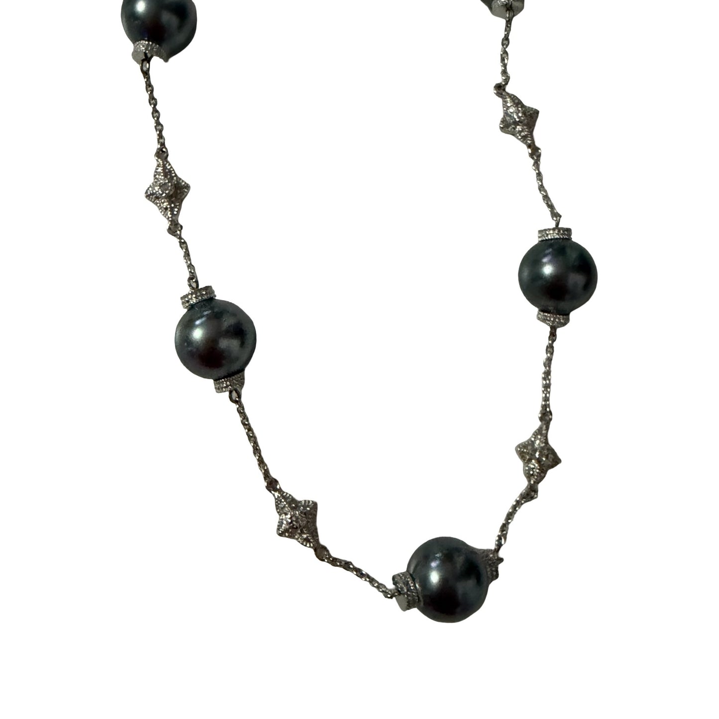 Black Glass Simulated Pearl Silver Tone Station Necklace 14 Inch Beaded Fashion Jewelry