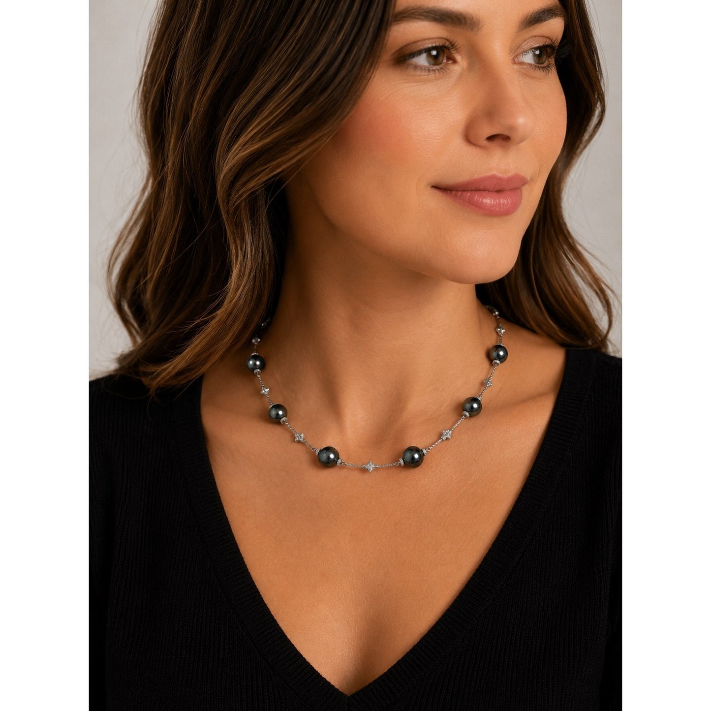 Black Glass Simulated Pearl Silver Tone Station Necklace 14 Inch Beaded Fashion Jewelry
