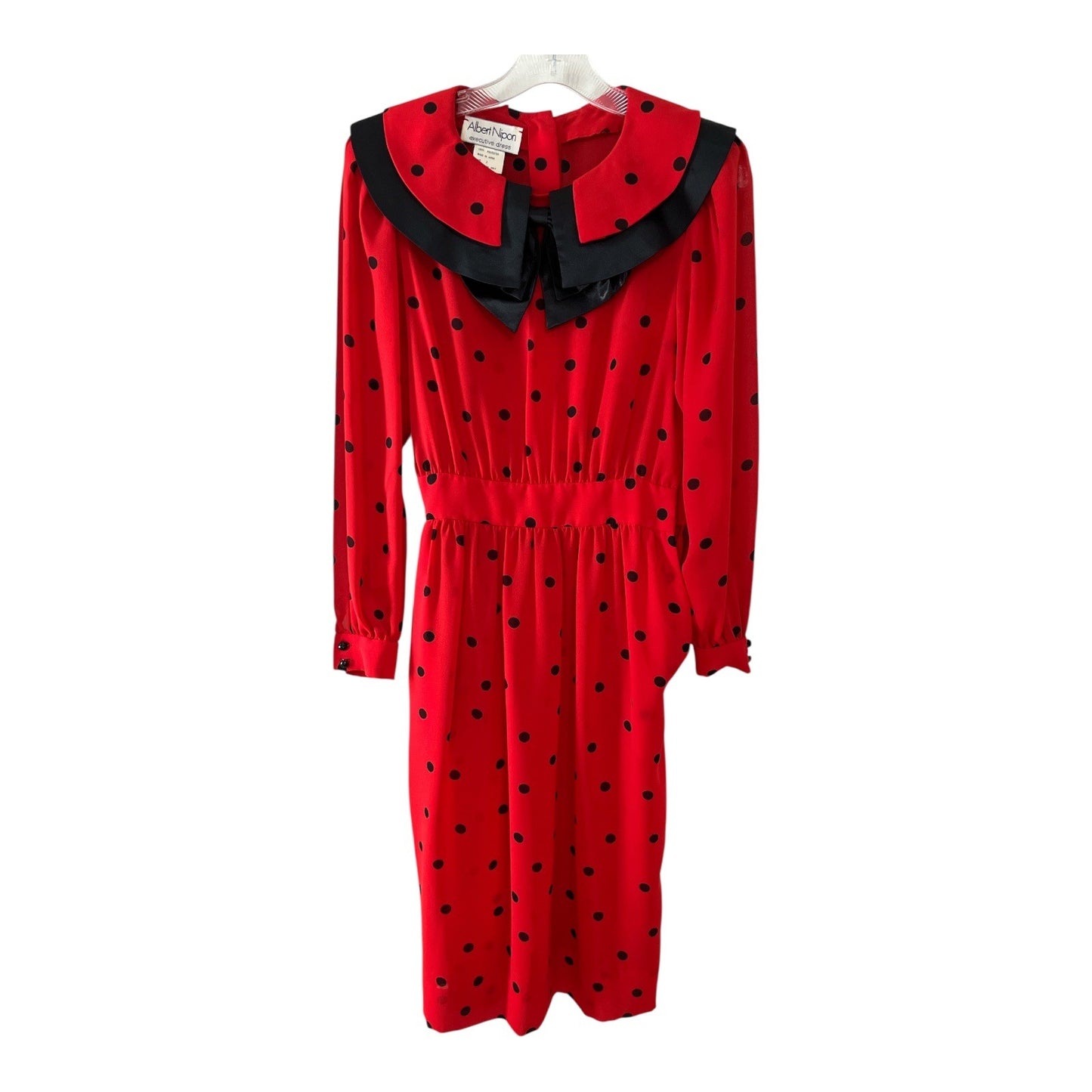Vintage Albert Nipon Red Polka Dot Dress with Black Satin Collar & Bow – Made in Japan, Size 2