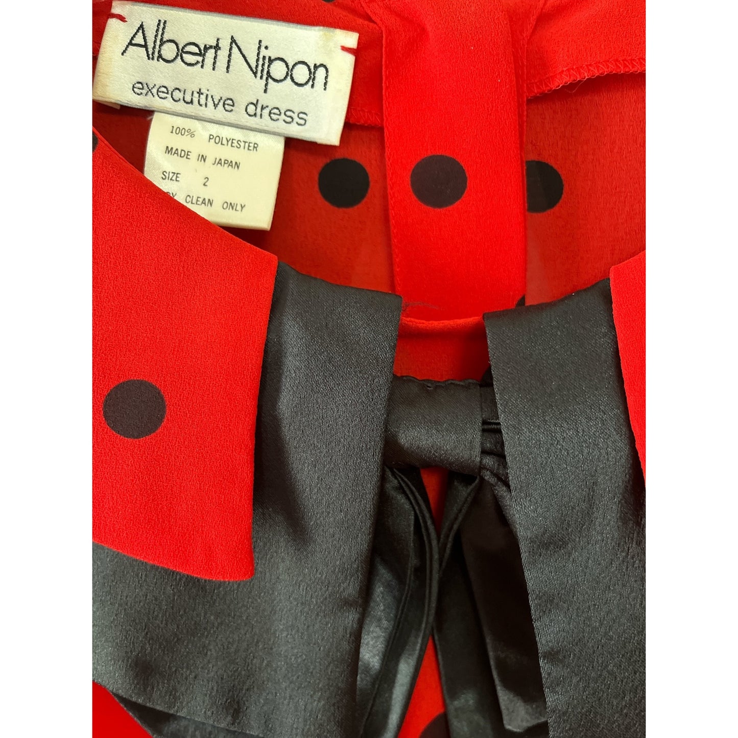Vintage Albert Nipon Red Polka Dot Dress with Black Satin Collar & Bow – Made in Japan, Size 2