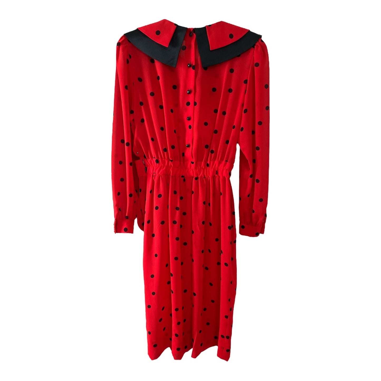 Vintage Albert Nipon Red Polka Dot Dress with Black Satin Collar & Bow – Made in Japan, Size 2