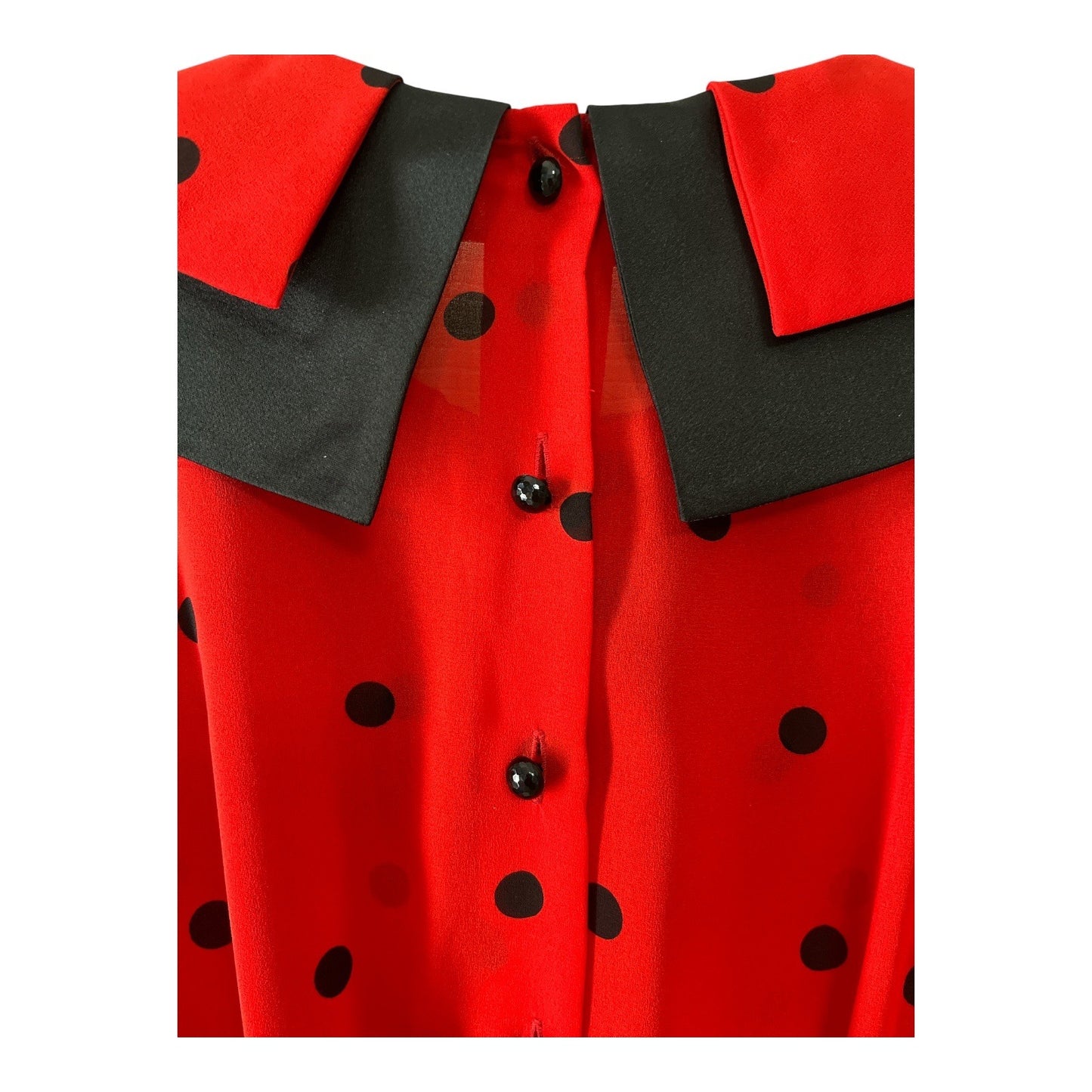 Vintage Albert Nipon Red Polka Dot Dress with Black Satin Collar & Bow – Made in Japan, Size 2