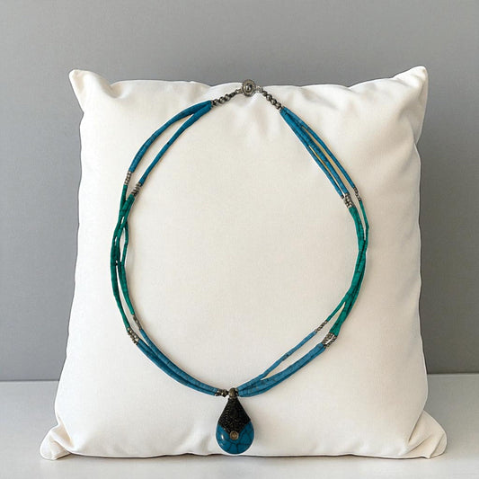 Vintage Teng Yue Turquoise Bead Necklace Sterling Silver Clasp Teardrop Pendant Boho