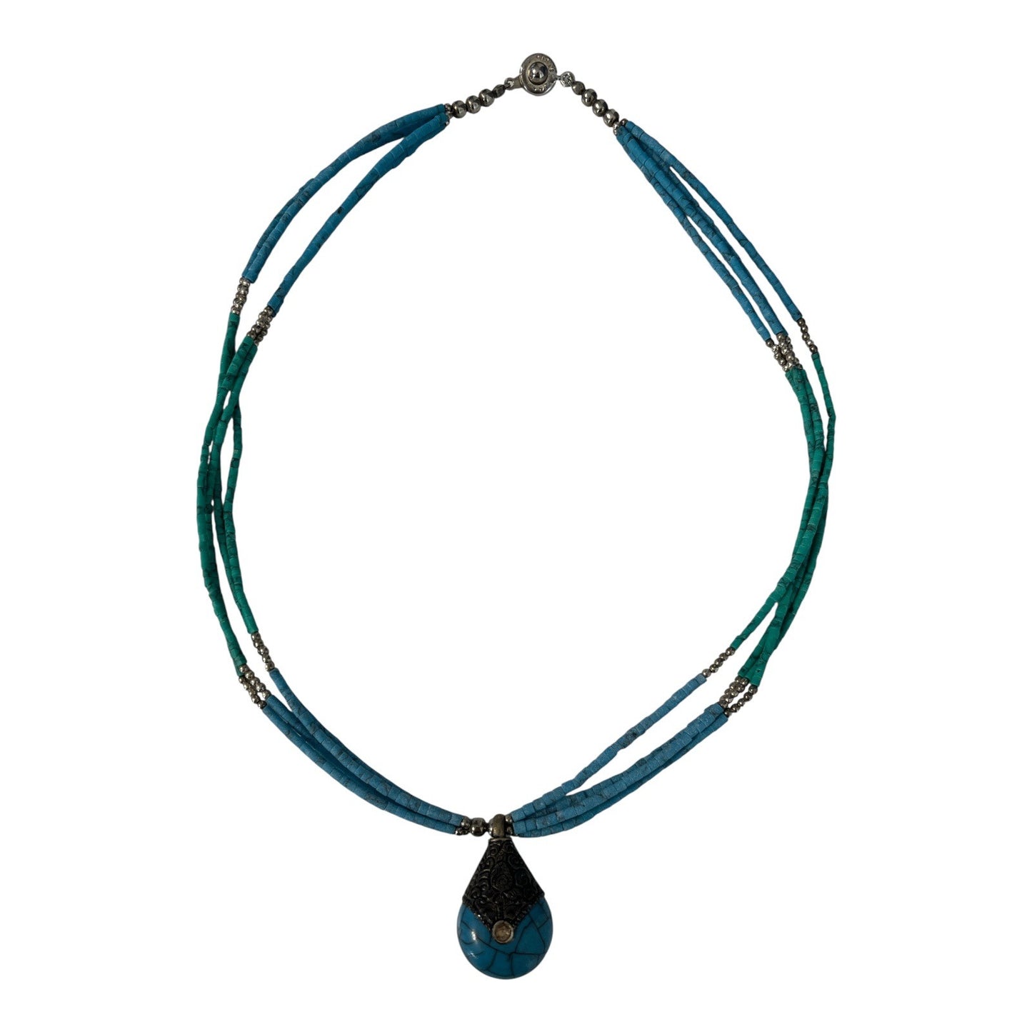 Vintage Teng Yue Turquoise Bead Necklace Sterling Silver Clasp Teardrop Pendant Boho