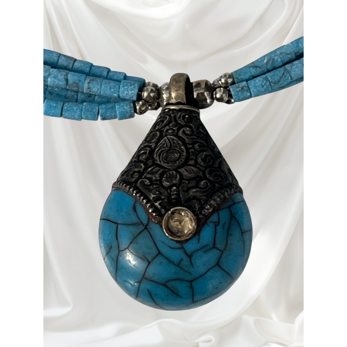 Vintage Teng Yue Turquoise Bead Necklace Sterling Silver Clasp Teardrop Pendant Boho
