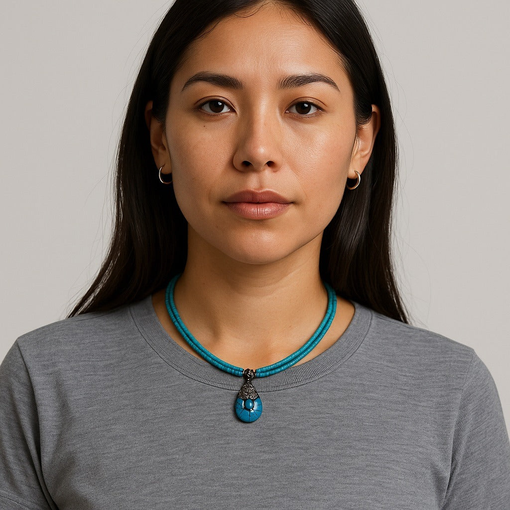 Vintage Teng Yue Turquoise Bead Necklace Sterling Silver Clasp Teardrop Pendant Boho