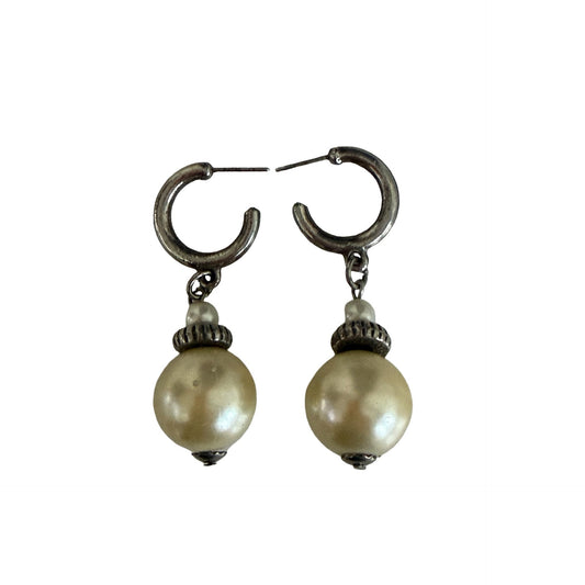 Vintage Faux Pearl Drop Hoop Earrings Silver Tone Dangle Classic Costume Jewelry