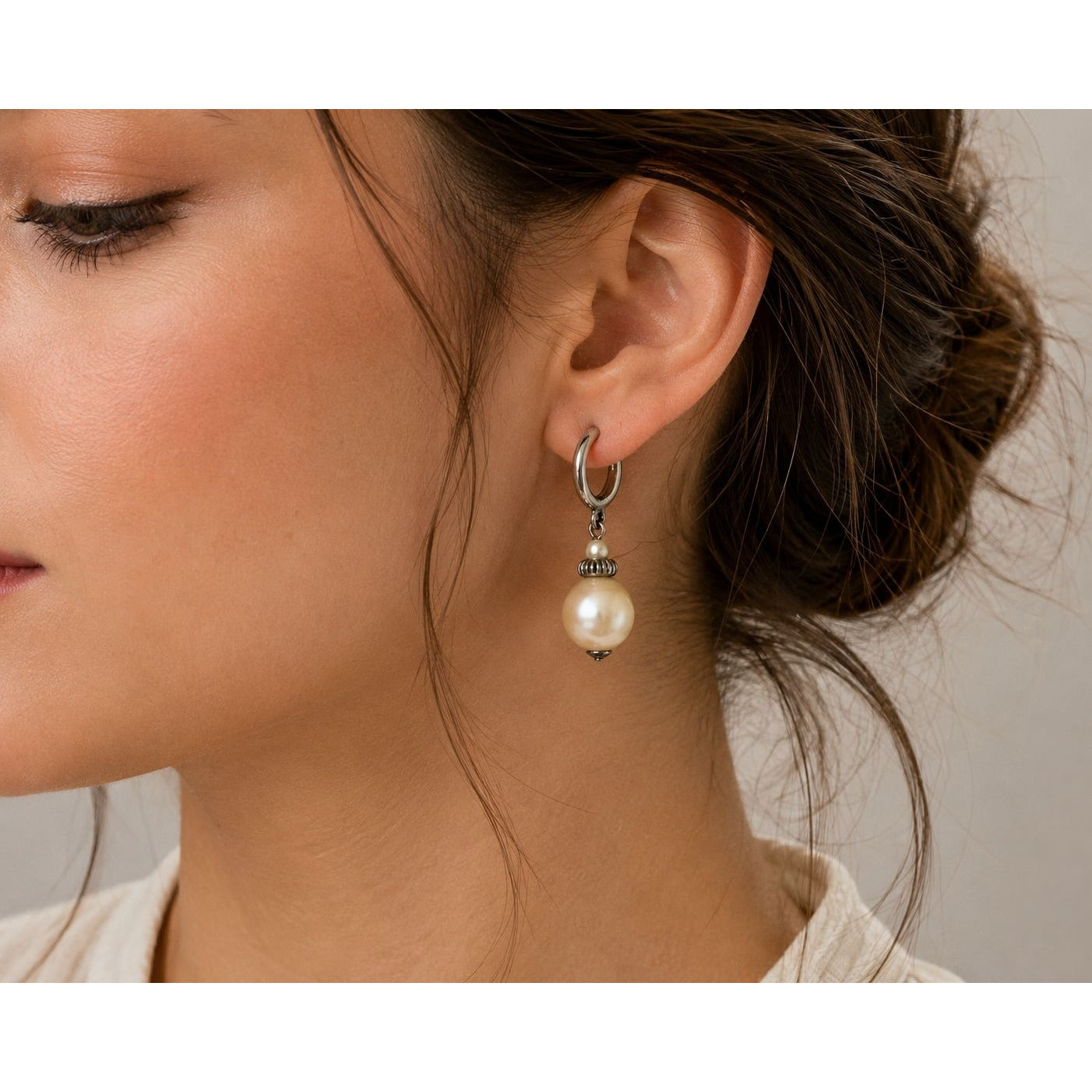 Vintage Faux Pearl Drop Hoop Earrings Silver Tone Dangle Classic Costume Jewelry