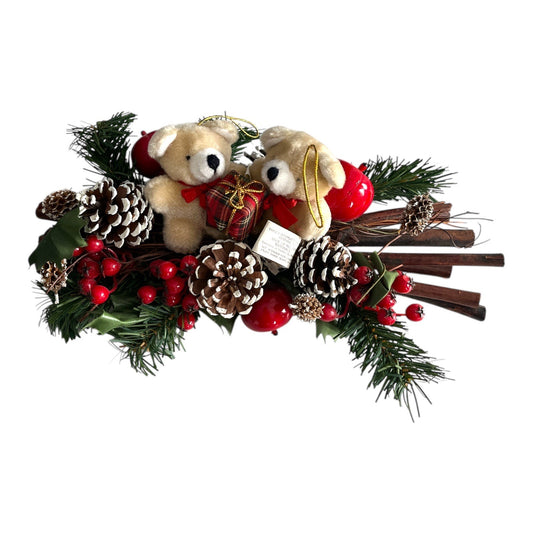 Vintage Christmas Bear Centerpiece Holiday Table or Hanging Decoration with Pinecones and Wood Accents