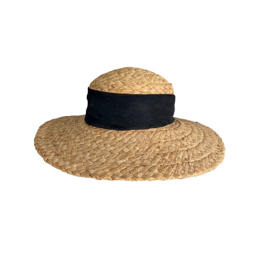 Vintage Woven Raffia Straw Sun Hat 16" Wide Brim Black Sash Boho Resort