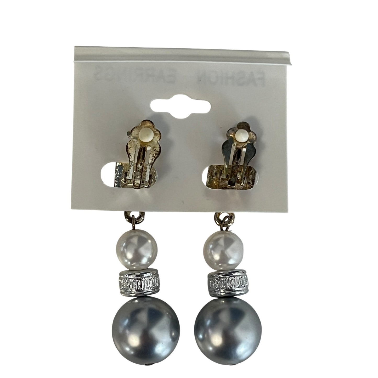 Vintage Clip-On Earrings Faux Pearl Silver Tone Drop Dangle Mid Century Style