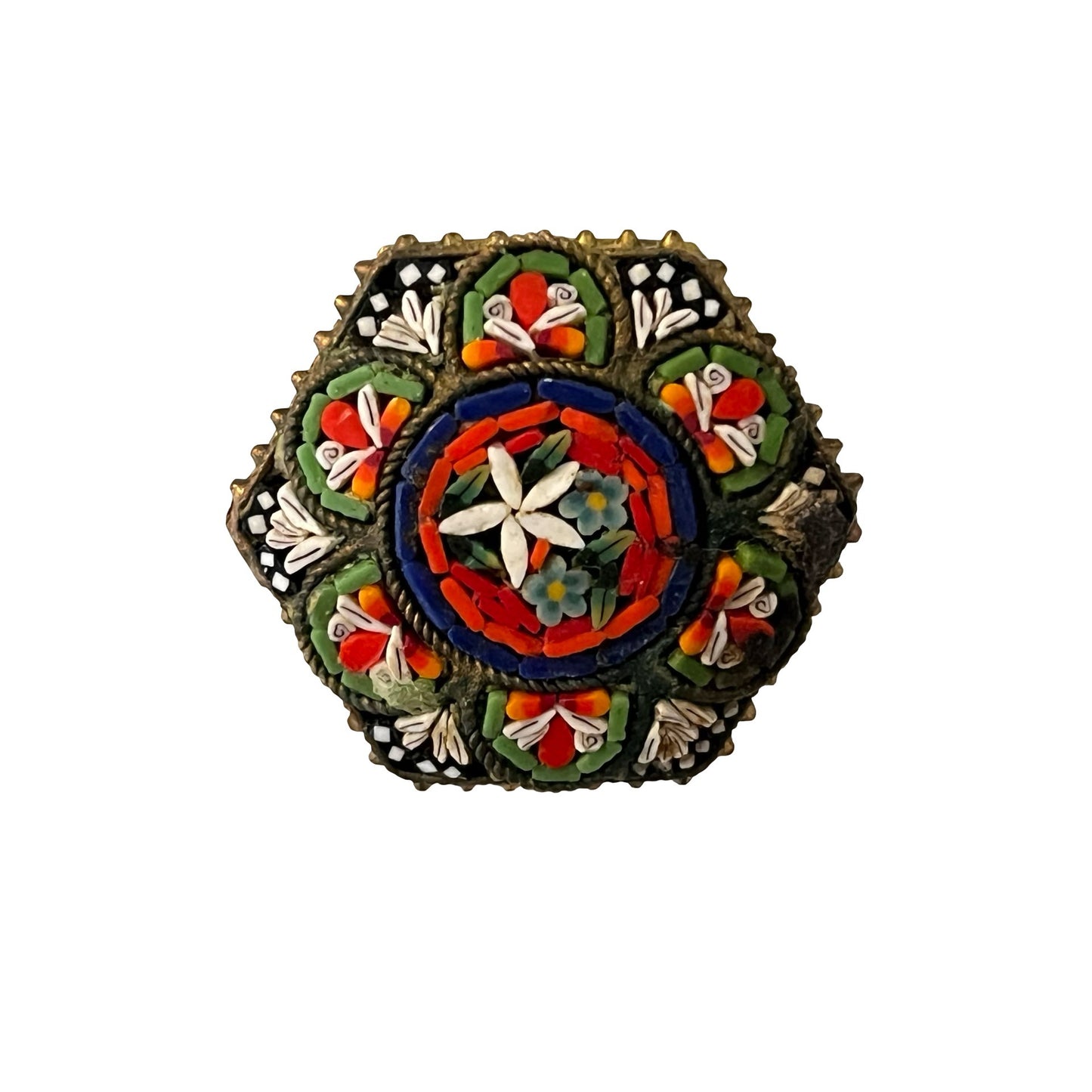 Vintage Italian Micro Mosaic Floral Brooch Made in Italy 1 Inch Gold Tone