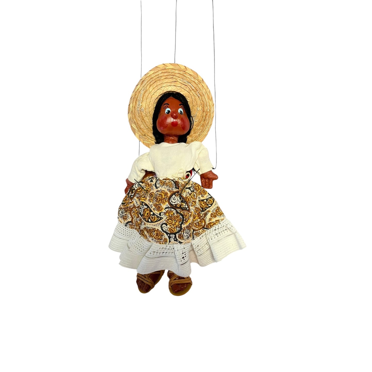 Vintage Handmade Marionette Puppet Girl Straw Hat Folk Art Hanging Doll 9–10”