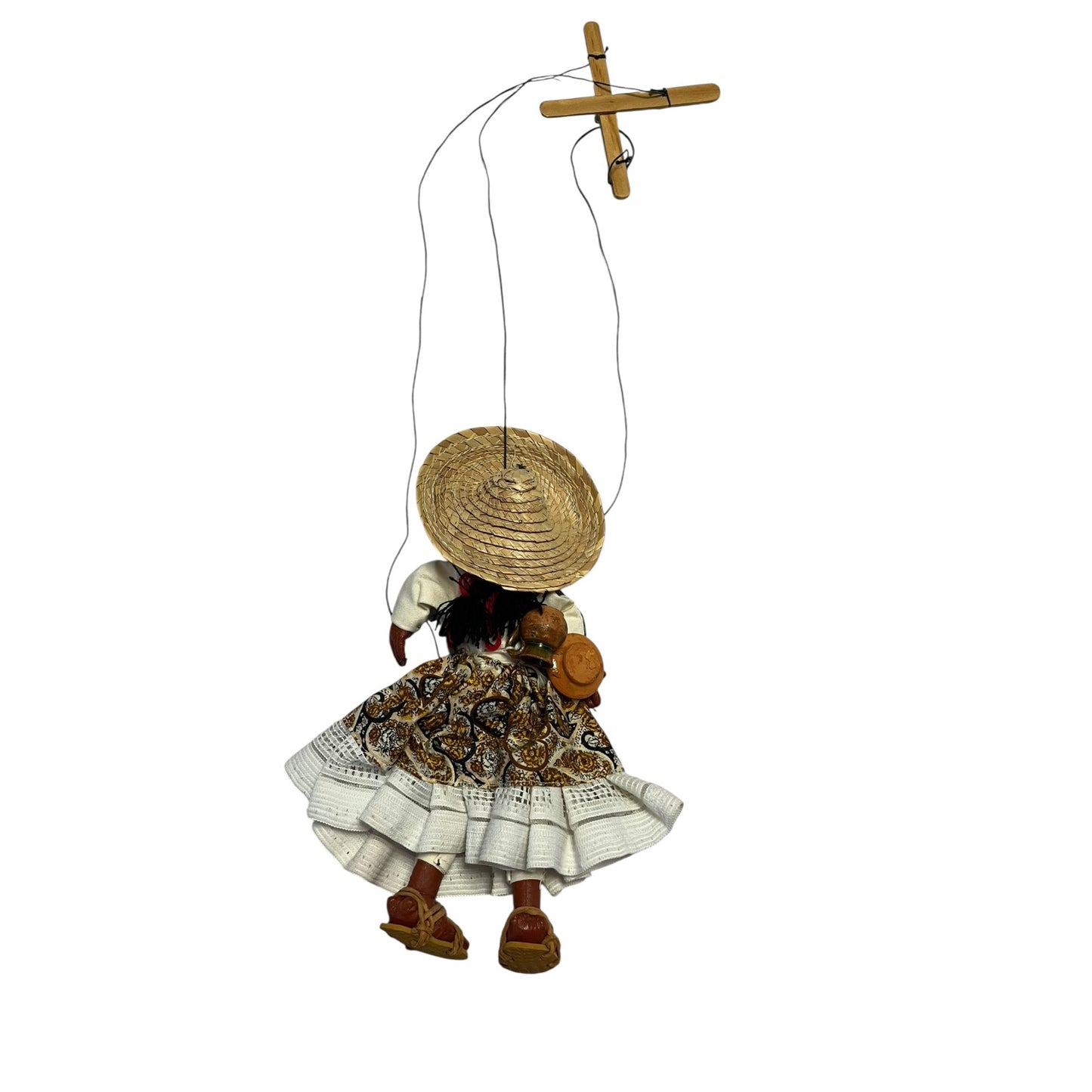 Vintage Handmade Marionette Puppet Girl Straw Hat Folk Art Hanging Doll 9–10”
