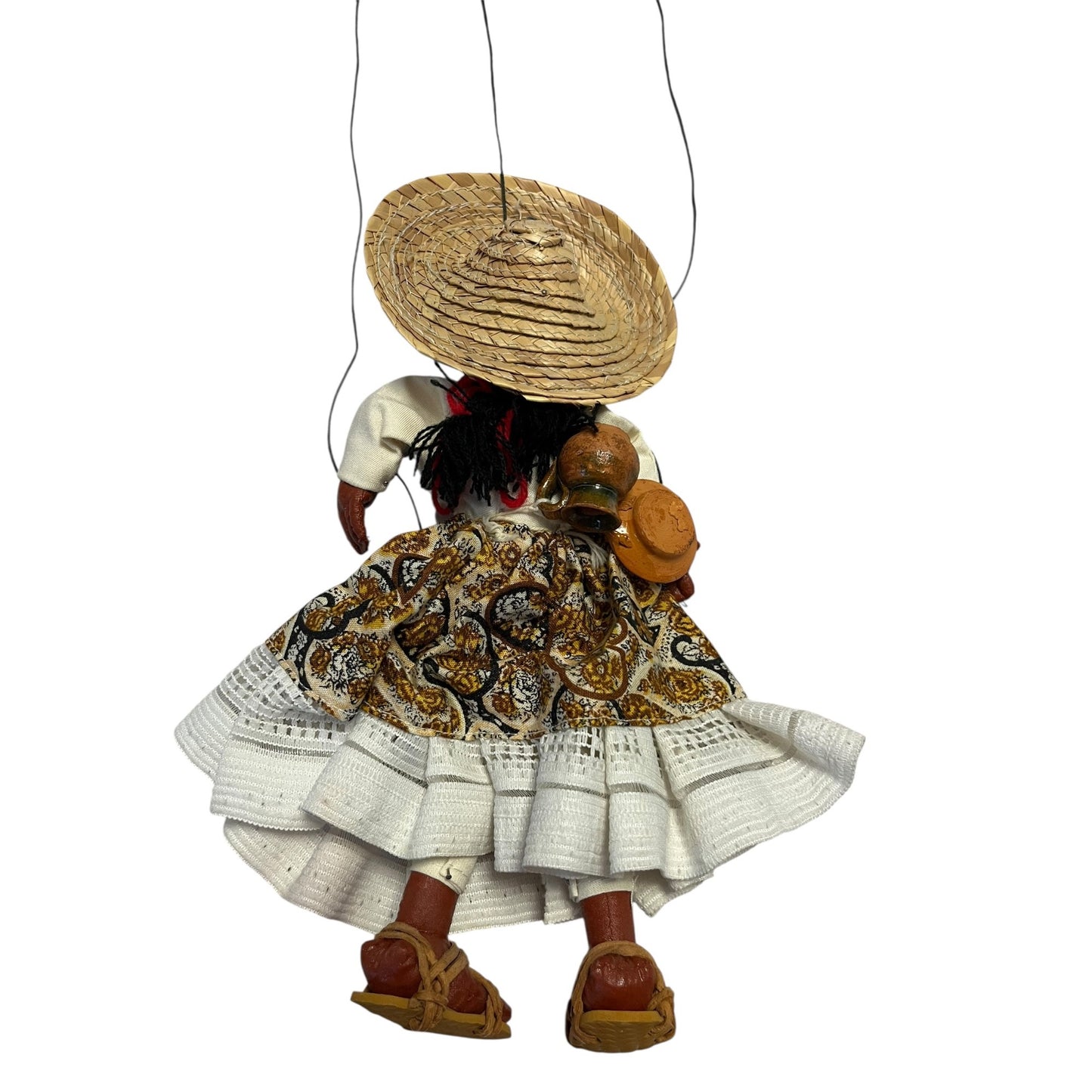 Vintage Handmade Marionette Puppet Girl Straw Hat Folk Art Hanging Doll 9–10”