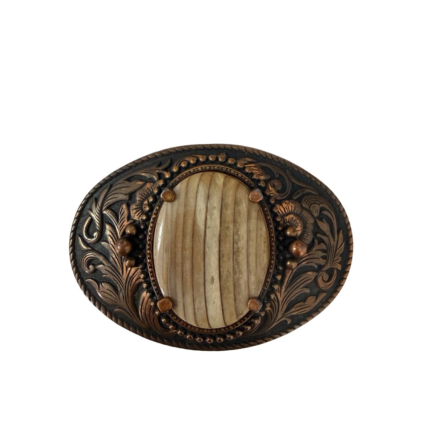 Vintage Western Style Belt Buckle With Faux Branch Center Copper Tone Scrollwork