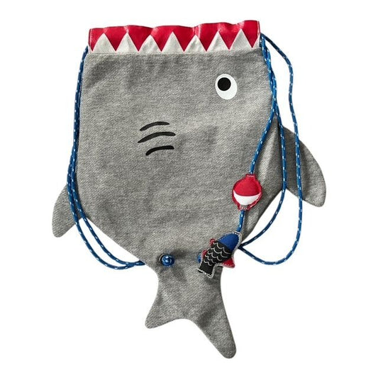 Target Shark Drawstring Backpack – Gray & Red with Fish Charm – Kids Novelty Bag