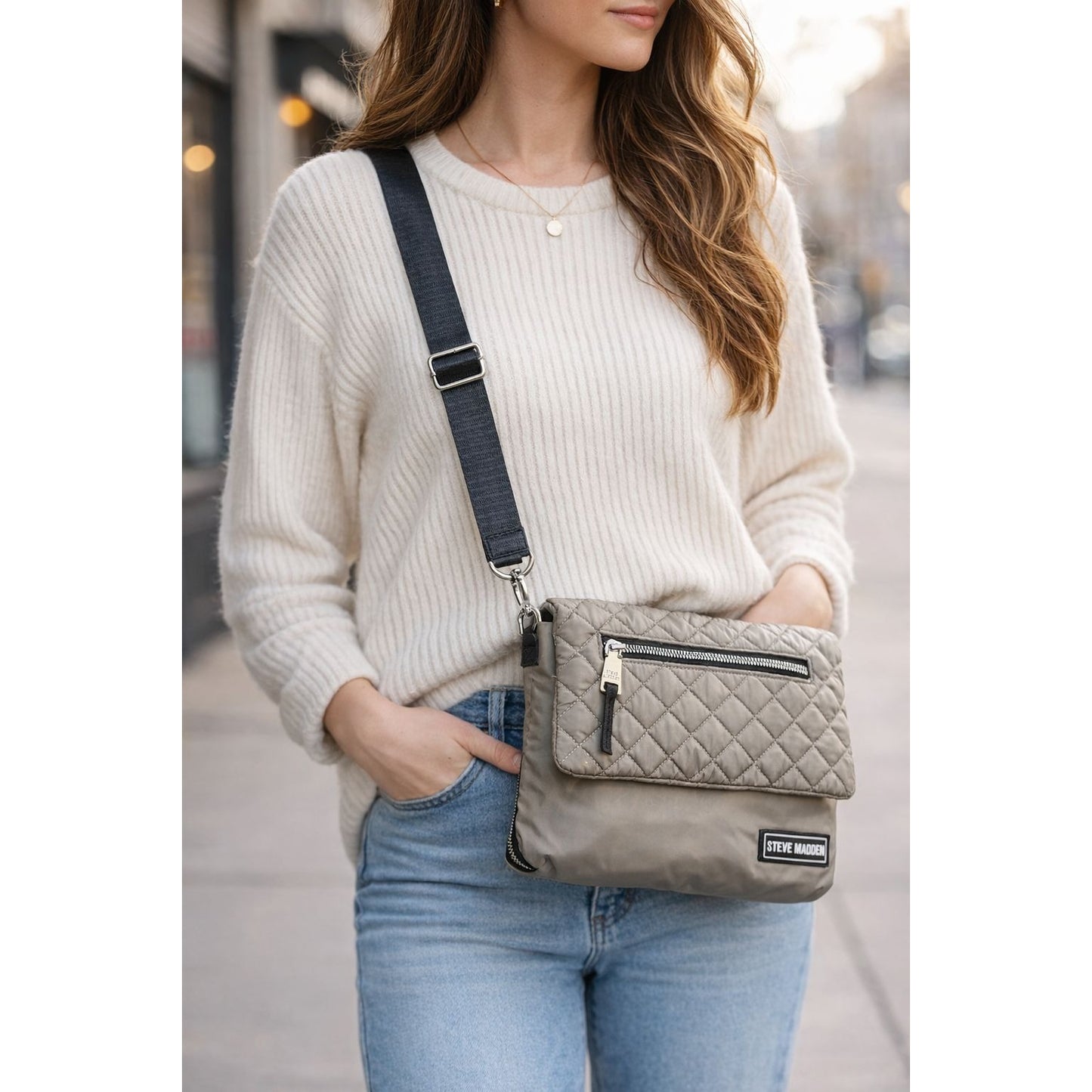 Steve Madden Quilted Crossbody Bag Taupe Nylon Flap Purse Adjustable Strap