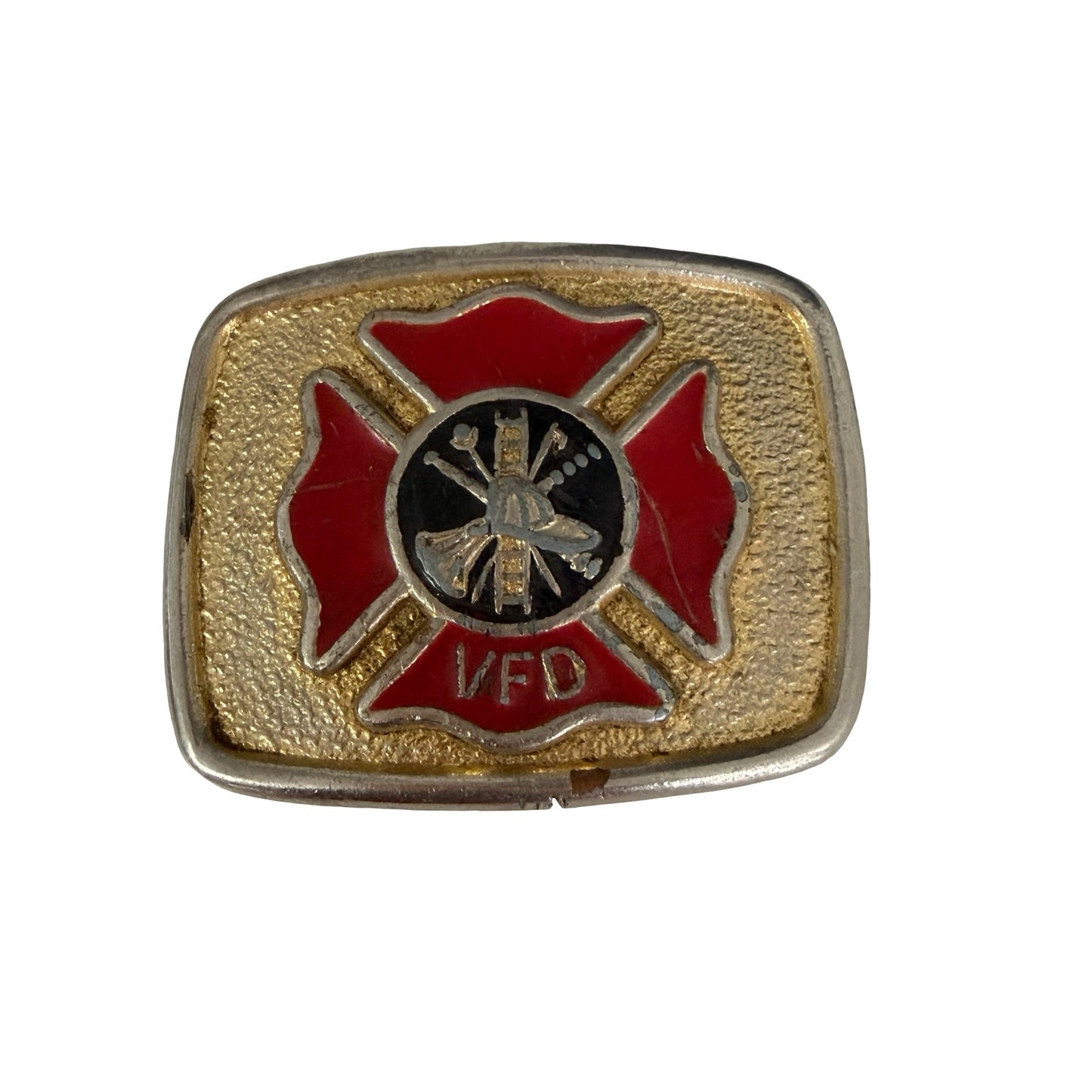 Vtg Volunteer Fire Department VFD Belt Buckle Maltese Cross Firefighter Red Enamel