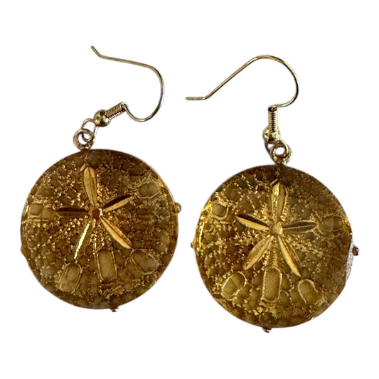 Vintage Gold Tone Sand Dollar Dangle Earrings Honey Amber Acrylic Beach Coastal 2"