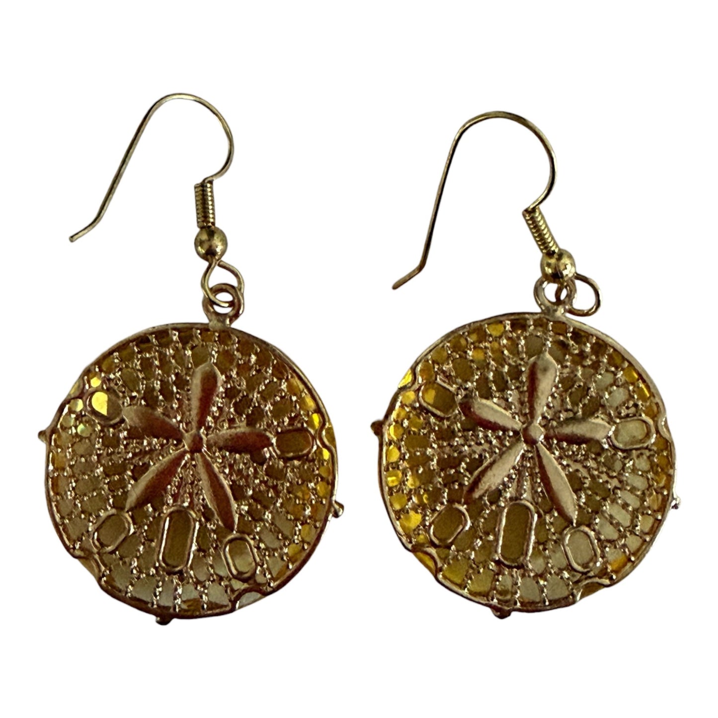 Vintage Gold Tone Sand Dollar Dangle Earrings Honey Amber Acrylic Beach Coastal 2"