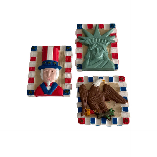 Vintage Patriotic Refrigerator Magnet Set Uncle Sam Statue of Liberty Bald Eagle USA Lot of 3