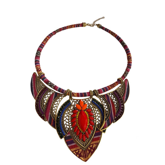 Boho Tribal Inspired Statement Bib Necklace Multicolor Fabric Rhinestone 14"