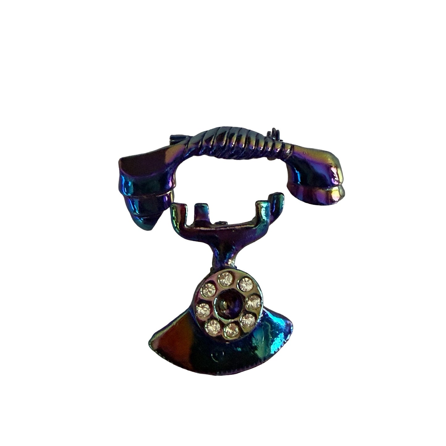 Vintage Iridescent Telephone Brooch Rhinestone Rotary Phone Pin Retro Jewelry