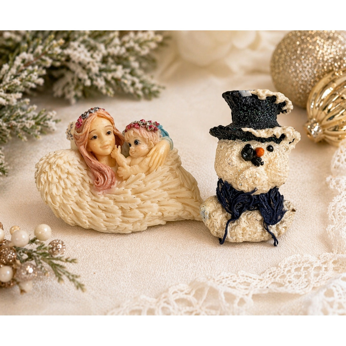Snowsnickle Angel Snowman Brooch Set Enesco Linda Lindquist Baldwin Mid 2000s Pin