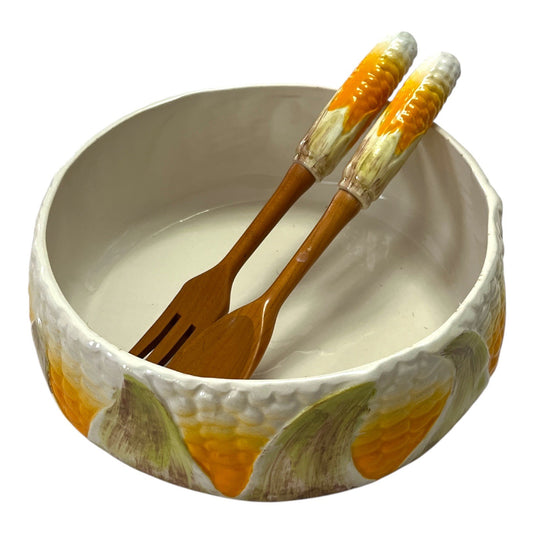 Vtg Neiman Marcus Italian Hand-Painted Corn Salad Bowl with Servers – 9” Ceramic