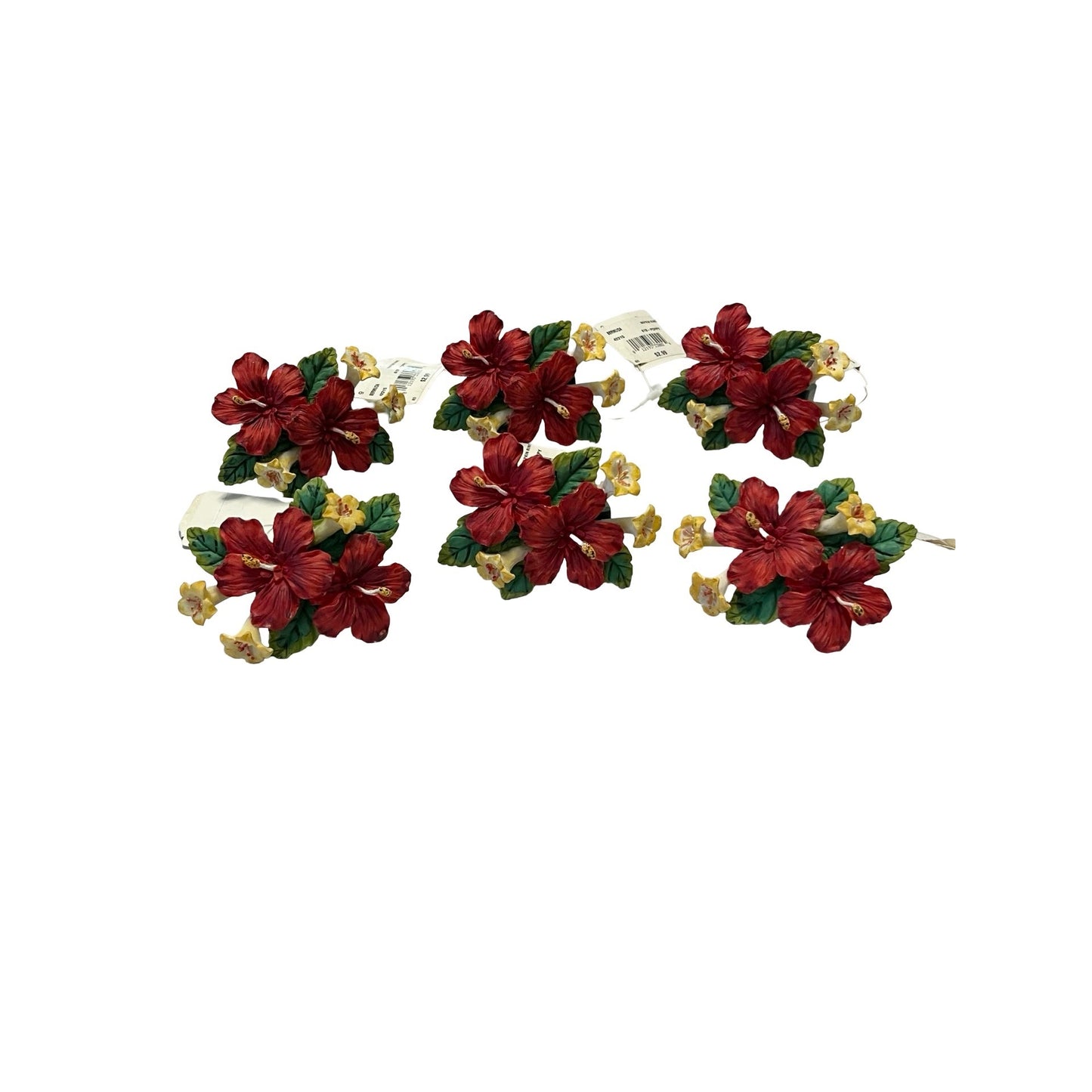 Set 6 Hibiscus Floral Napkin Rings Tropical Red Yellow Table Decor Bermuda