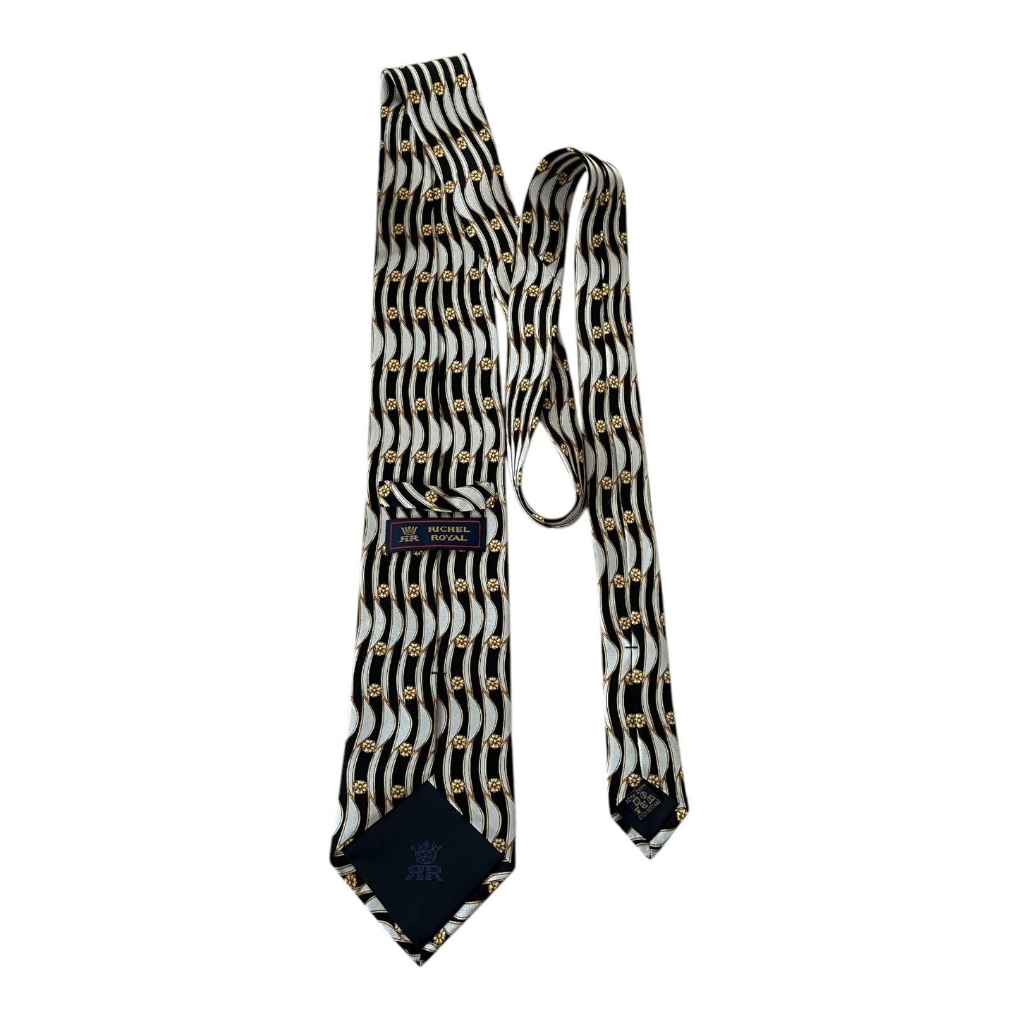 VTG Richel Royal Silk Necktie – Handmade in Spain – Black Gold Floral – 60" x 4" – Formal Men’s Tie