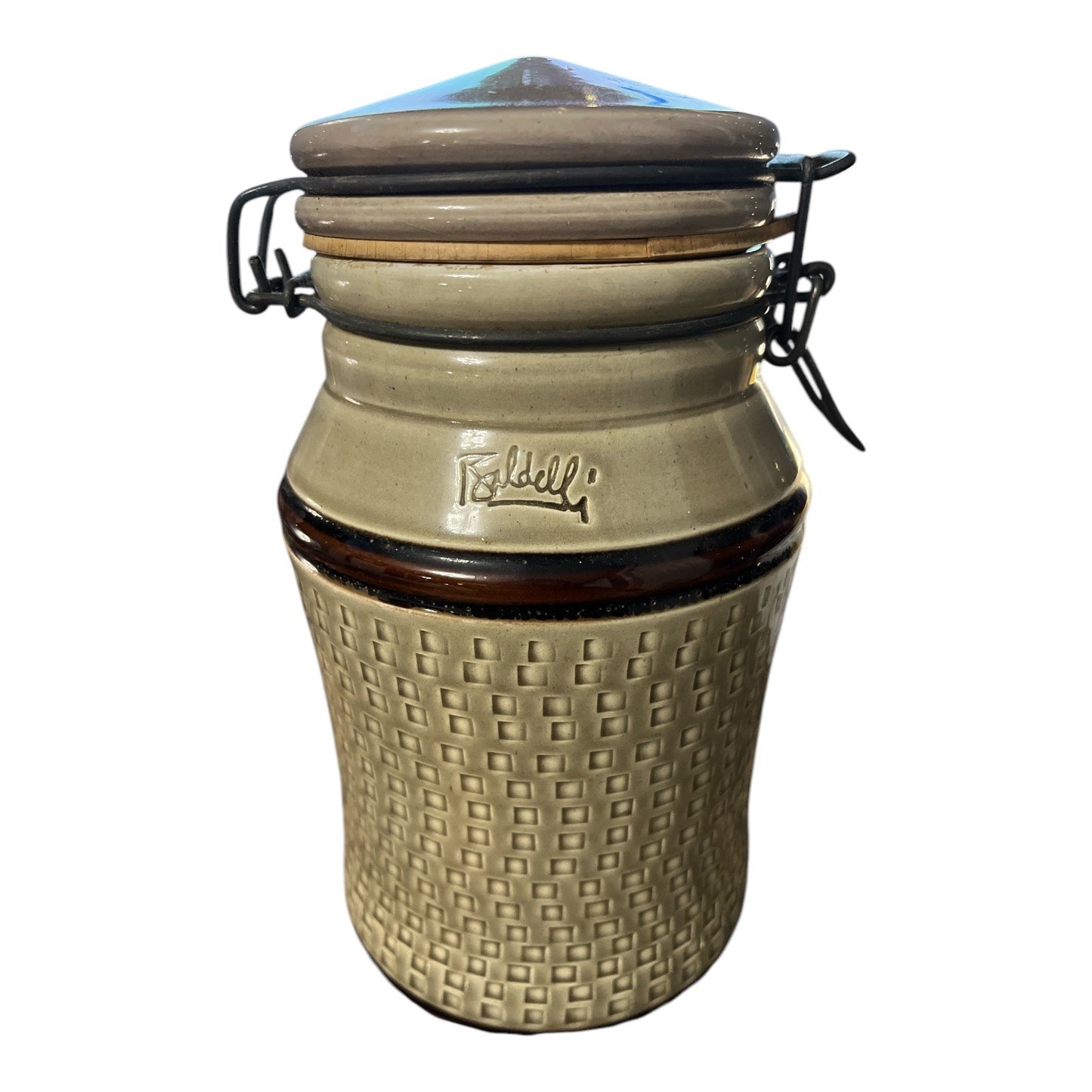 Vtg Baldelli Italy Ceramic Canister with Clamp Lid Italian Stoneware Kitchen Storage