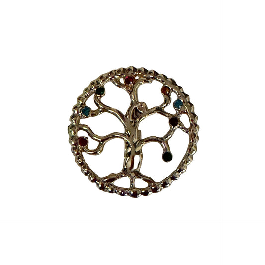 Vintage Tree of Life Rhinestone Brooch Silver Tone Multicolor Round Pin