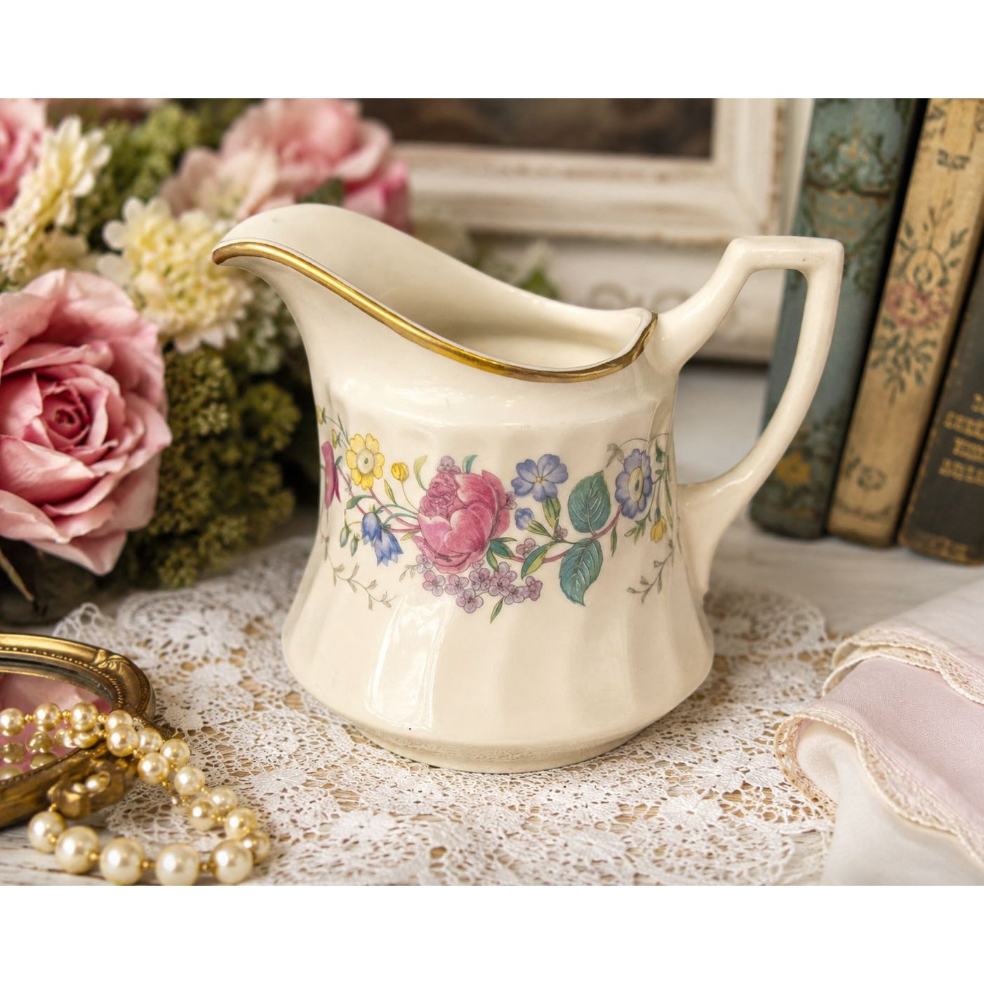 Vintage Syracuse China Lilac Rose Creamer Pitcher Floral Gold Trim USA