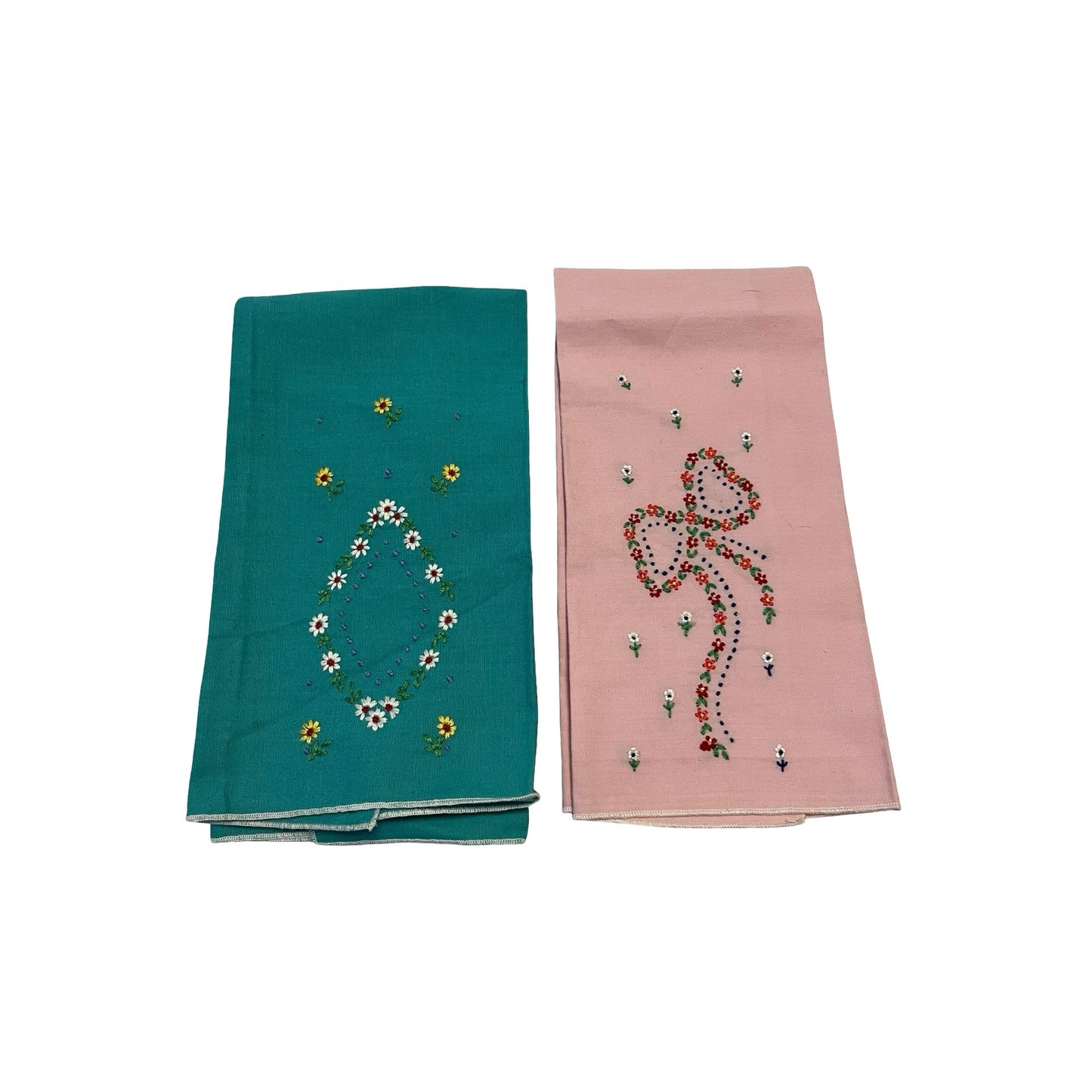 Vintage Embroidered Linen Tea Towels Pink Green Floral Hand Embroidery Set 20x13