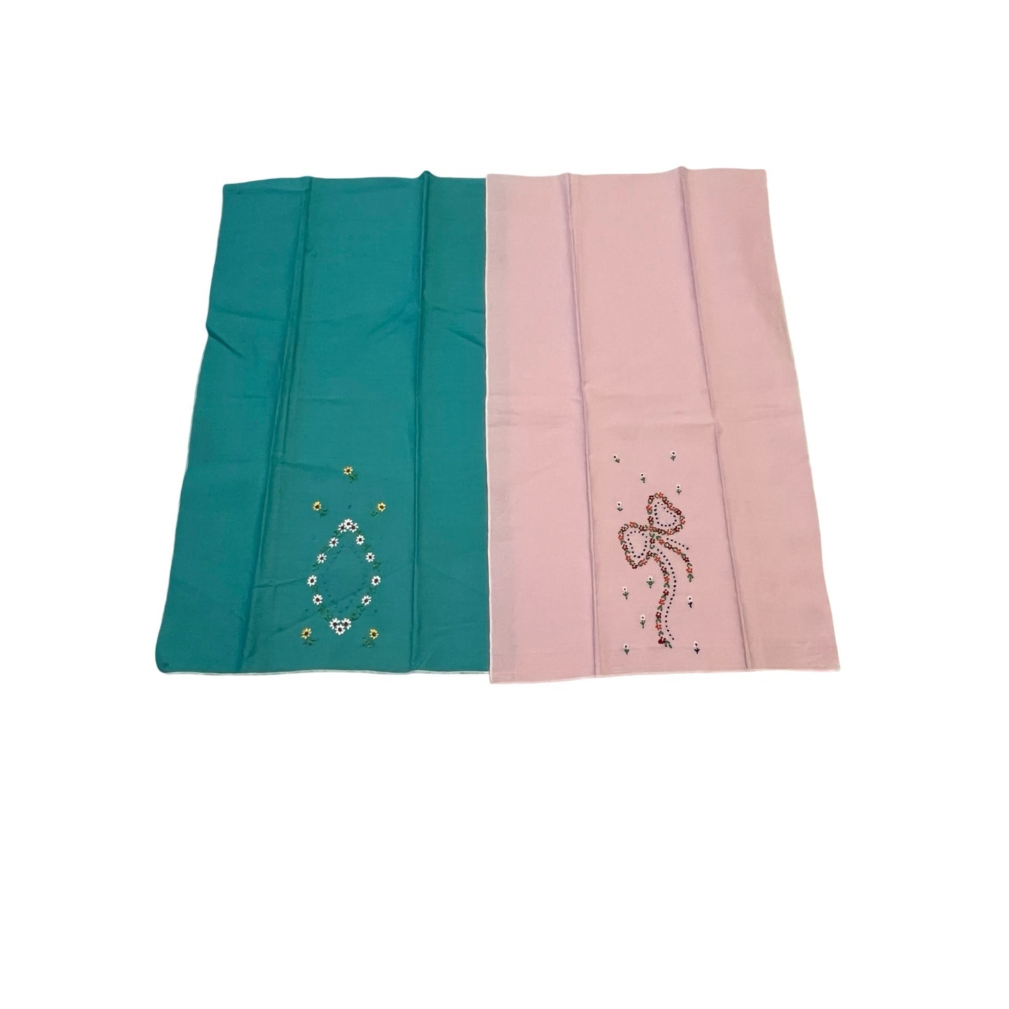 Vintage Embroidered Linen Tea Towels Pink Green Floral Hand Embroidery Set 20x13