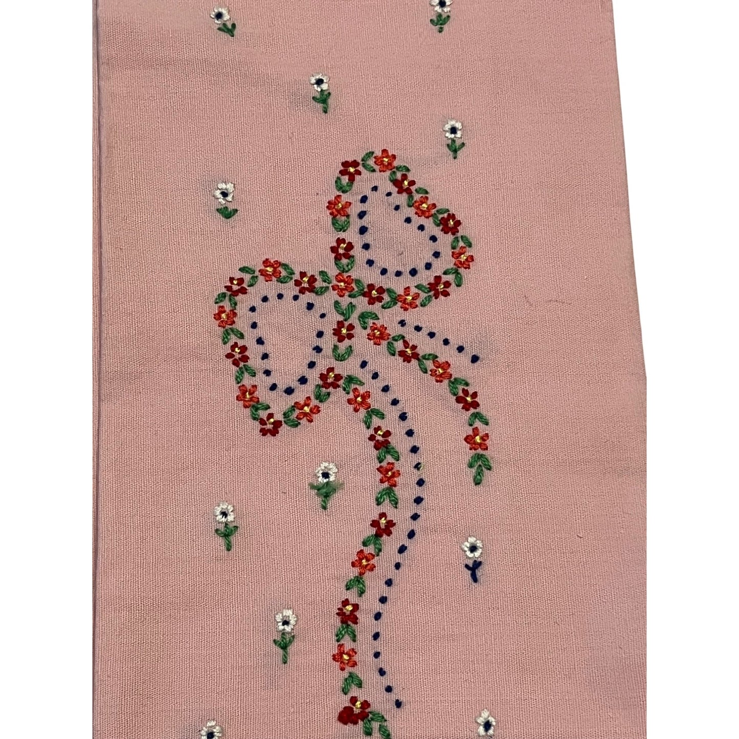 Vintage Embroidered Linen Tea Towels Pink Green Floral Hand Embroidery Set 20x13