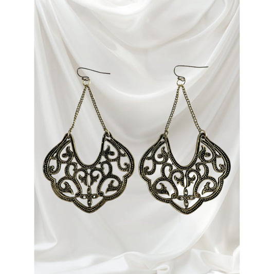 Vintage 1990s–2000s Gold-Tone Filigree Dangle Earrings – Ornate Boho Scroll Design
