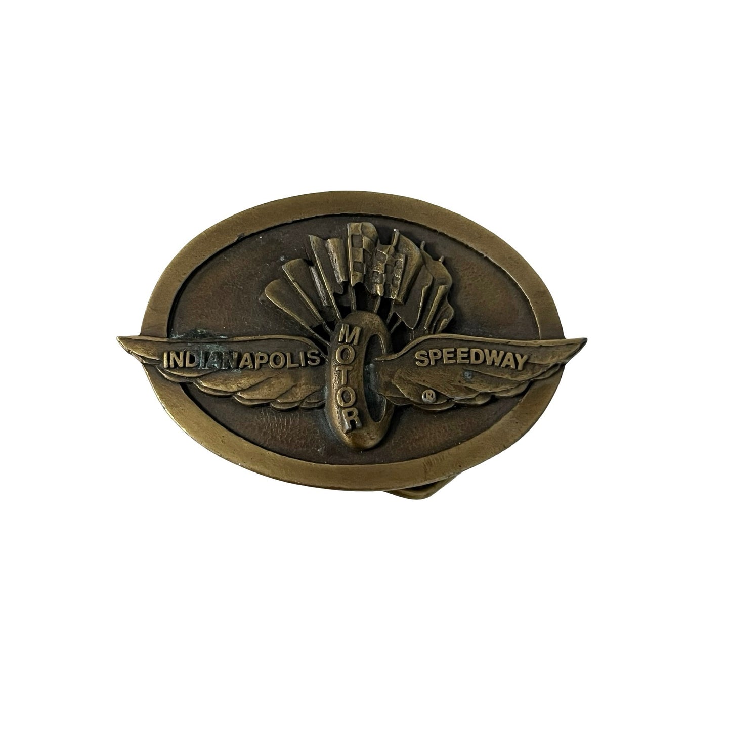 Vintage Indianapolis Motor Speedway Belt Buckle Brass Oval Racing Indy 500 Retro