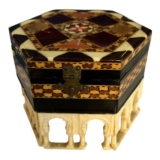 Vintage Octagonal Mosaic Inlay Jewelry Box with Moorish Arches – Red Velvet Interior – Handcrafted Middle Eastern Trinket Box