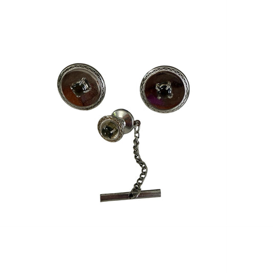 Vintage Silver Tone Black Stone Cufflinks & Tie Tack Set Mid Century Formal Jewelry